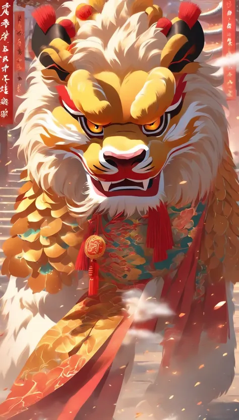 Cantonese traditional culture, China，1girll，lion dance，Awaken the lion，characteristic，The facial features are delicate and beautiful，The black and red lion head is worn on the head，Dance with a lions head in both hands，jubilation，