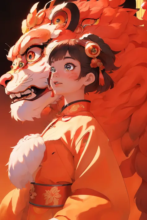 1girll, looks into camera, Solo, lion_Dance,Clear face，lion dance，dynamicposes，Chinese clothes， Well-designed lions head design, Brightly colored lions, Traditional Chinese art, Expressive lion dance, Red lanterns，Chinese Year， China-style，red colour，Tradi...