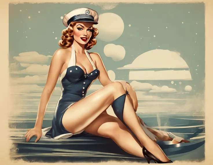 Retro vintage art print, poster of a sexy, glamorous pin-up girl wearing a sailors hat, bikini and polka dot stockings