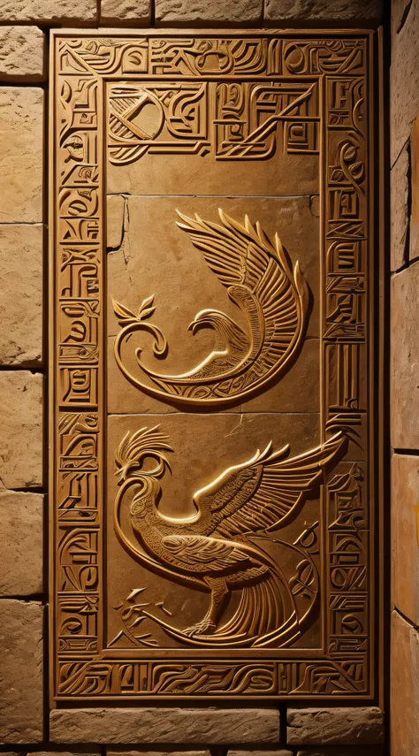 Ancient Phoenix Hieroglyphics:

An ancient wall adorned with intricate hieroglyphics depicting the story of a phoenix.