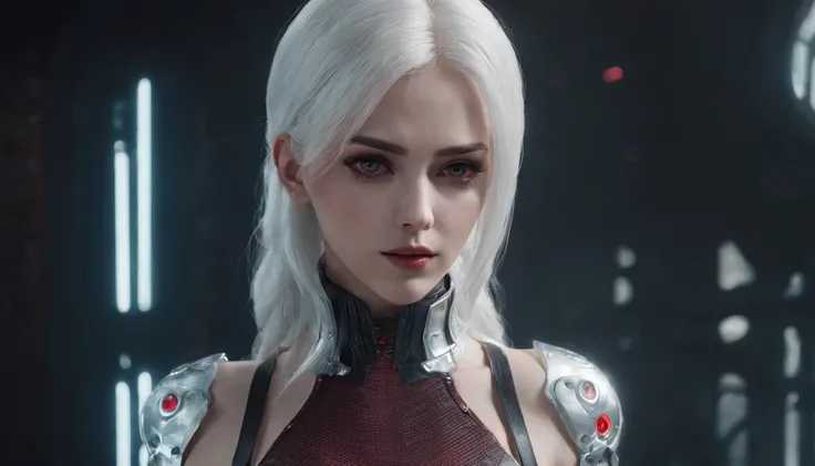 Cirilla Fiona Elen Riannon，Highest image quality，Outstanding details，超高分辨率，（Fidelity：1.4），The best illustration，Favor the details，closeup cleavage，A mech girl，He has a delicate and beautiful face，（（Red and white semi-mechanical body：1.8）），Raised sexy，cleav...