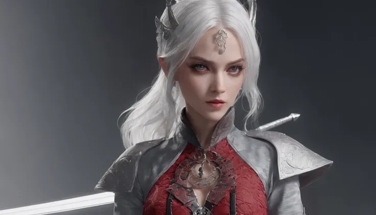 Cirilla Fiona Elen Riannon，Highest image quality，Outstanding details，超高分辨率，（Fidelity：1.4）, Favor the details，closeup cleavage，dawn，Snow，winter，Wizard Sword，He has a delicate and beautiful face，Red Japanese oni armor，Raised sexy，frontage，cyber punk perssona...