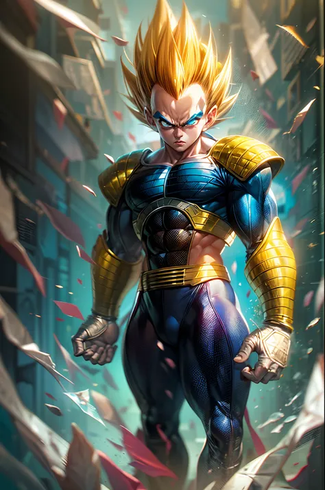 8k portrait of muscular vegeta, yellow hair, blue eyes, intricate, elegant, highly detailed, full body, majestic, digital photography, art by artgerm and ruan jia and greg rutkowski, black hair, beardless face, broken glass (masterpiece, side lighting, bea...