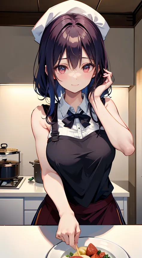 Woman who cooks、(kitchin_aprons:1.Wear 3)、pretty hand、4K、A high resolution、tmasterpiece、People of the highest quality、Wear cap:1.3、((Hasselblad photograp))、Thin skin、foco nítido、(lighting like a movie)、Soft lighting、Ungle dinámico、[:(Detal Face:1.2):0.2]、B...