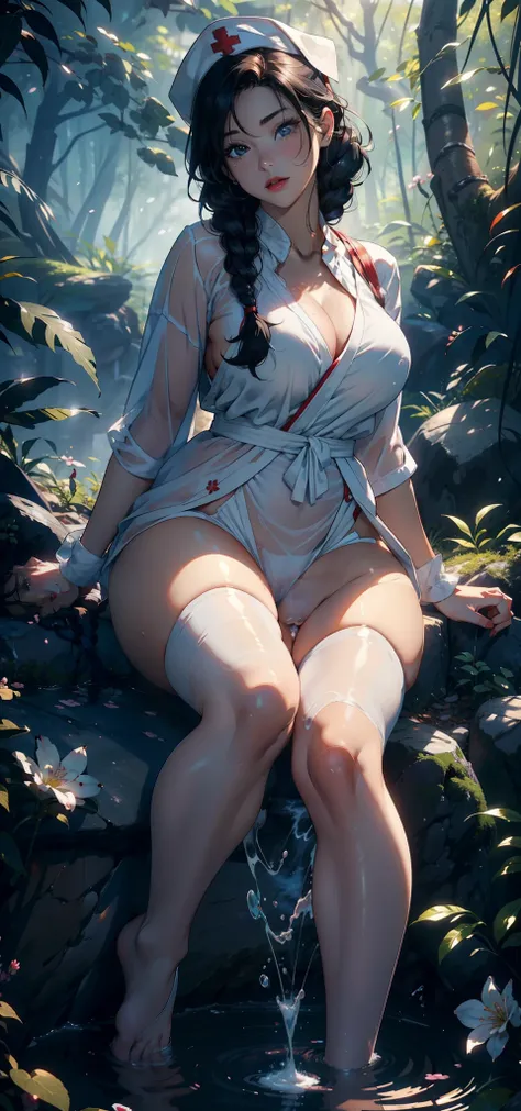 1female，35yo，plumw，extremely large bosom， 独奏，（Background with：，Cherry blossom forest，Deep in the forest，hospitals，）Sitting on the rocks of the pool，legs are open，Bare genitalia，Bare ， She has short black hair，standing on your feet，seen from the front， Twis...