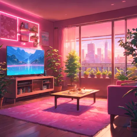 large cozy neon pink living room with big tv screen and tree plants