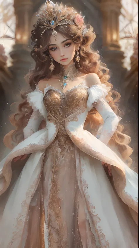 (Best quality, 4K, 8K, A high resolution, Masterpiece:1.2), Ultra-detailed, Realistic portrait of an aristocratic maiden, Exquisite facial features，Long brown curly hair details expressed, Graceful posture, Dreamy atmosphere, expressive brush strokes, myst...