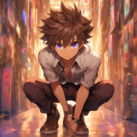 virtual_youtuber, 1boy, male_focus, solo, brown_hair, purple_eyes, simple_background, brown_footwear, full_body, straight-on, looking_at_viewer, pants, white collared shirt, hair_between_eyes, (VERY DETAILED EYES:1.5)