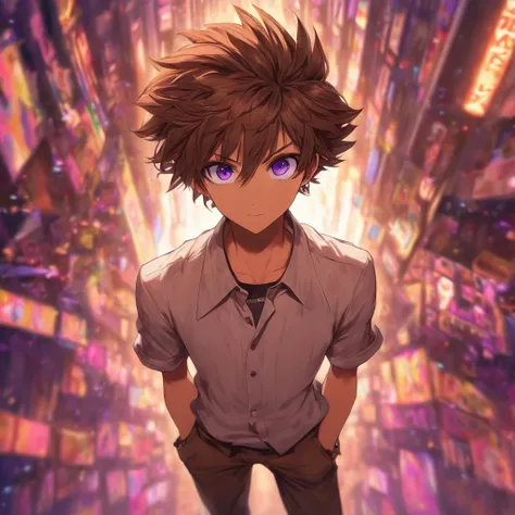 virtual_youtuber, 1boy, male_focus, solo, brown_hair, purple_eyes, simple_background, brown_footwear, full_body, straight-on, looking_at_viewer, pants, white collared shirt, hair_between_eyes, (VERY DETAILED EYES:1.5)