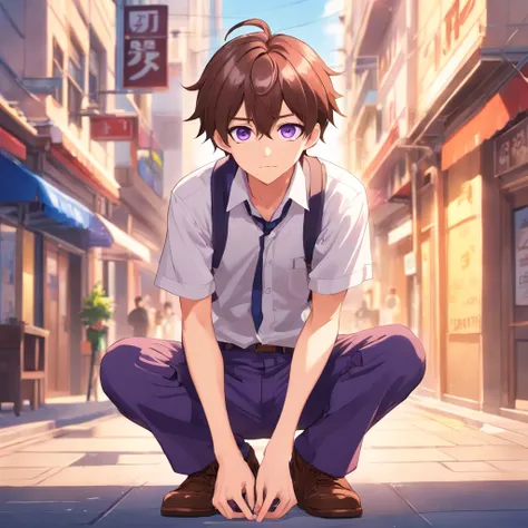 virtual_youtuber, 1boy, male_focus, solo, brown_hair, purple_eyes, simple_background, brown_footwear, full_body, straight-on, looking_at_viewer, pants, white collared shirt, hair_between_eyes, (VERY DETAILED EYES:1.5)