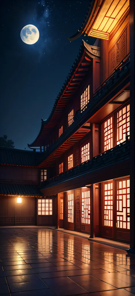 Chinese Mid-Autumn Festival，Chinese architecture，Night sky，themoon，There is a large area of blue masonry floor nearby，Side composition