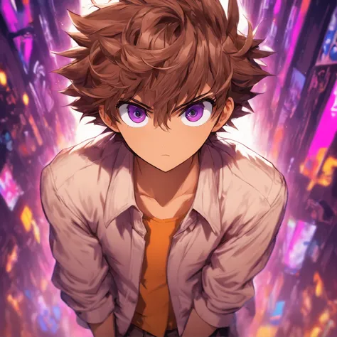 virtual_youtuber, 1boy, male_focus, solo, brown_hair, purple_eyes, simple_background, brown_footwear, full_body, straight-on, looking_at_viewer, pants, white collared shirt, hair_between_eyes, (VERY DETAILED EYES:1.5)