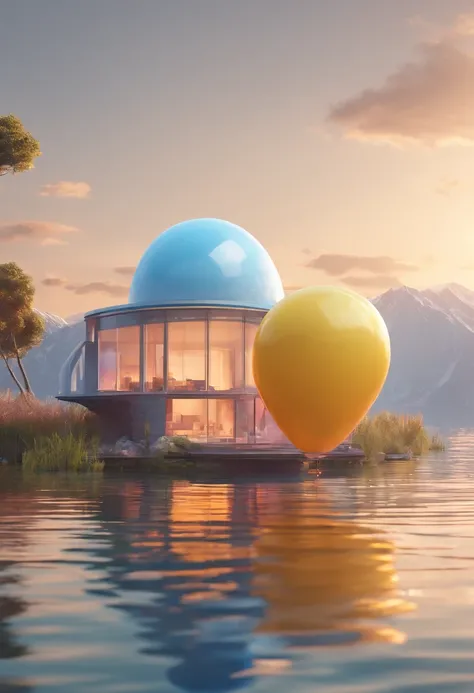 In the middle of the lake is a balloon house，Adopt the technology of the future,Plain white background 8k