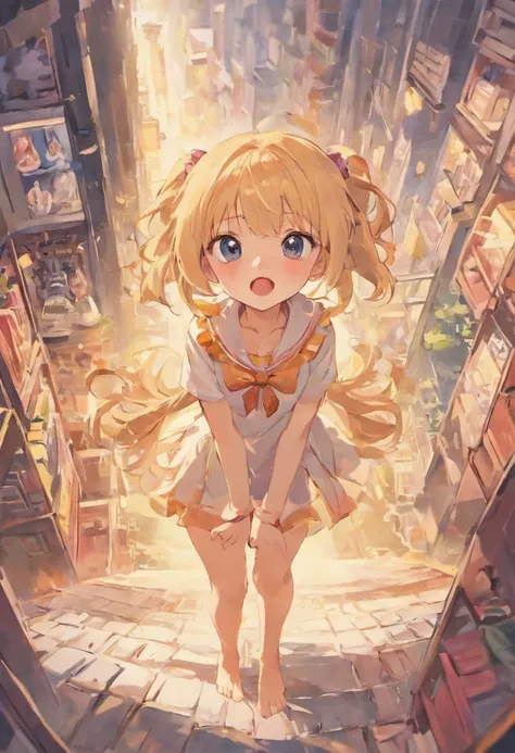 Cute loli，Barefoot，Tummy down，head looking up，Raise your feet，shift dresses，white  panties，largeeyes，Anime cute face，looking at book，Wet da