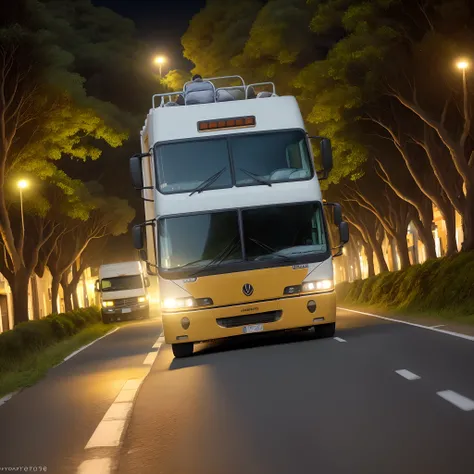 Camioneta parada na frente da porteira colorida, estrada de terra, floresta a noite, 3 homens na frente da porteira