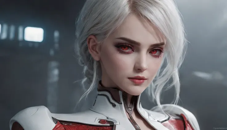 Cirilla Fiona Elen Riannon，Highest image quality，Outstanding details，超高分辨率，（Fidelity：1.4），The best illustration，Favor the details，closeup cleavage，A mech girl，He has a delicate and beautiful face，（（Red and white semi-mechanical body：1.8）），Raised sexy，cleav...