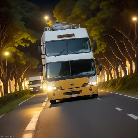 Camioneta parada na frente da porteira colorida, estrada de terra, floresta a noite, 3 homens na frente da porteira