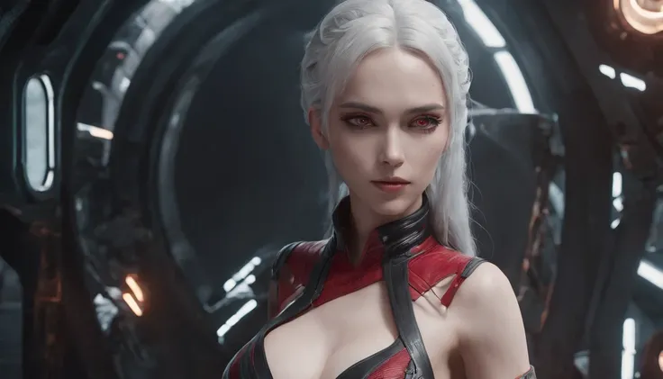 Cirilla Fiona Elen Riannon，Highest image quality，Outstanding details，超高分辨率，（Fidelity：1.4），The best illustration，Favor the details，closeup cleavage，A mech girl，He has a delicate and beautiful face，（（Red and white semi-mechanical body：1.8）），Raised sexy，cleav...