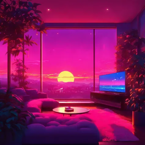 large cozy luxurious neon pink living room with big tv screen and tree plants, with sunset view