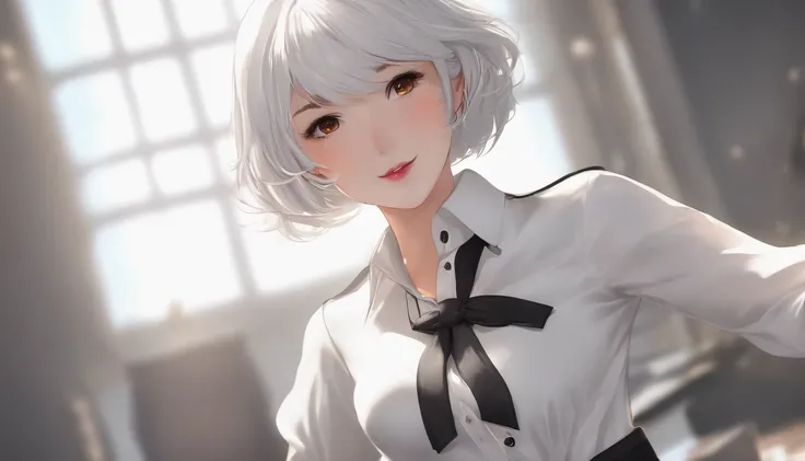 ((masterpiece, best quality)), (1girl), (solo), (female focus), (ahoge, white hair, short hair), black eyes, light smile, open mouth, ((white shirt), (buttoned shirt ), (button slit)), ((black dress), (short skirt)), standing, white background, behind arms...