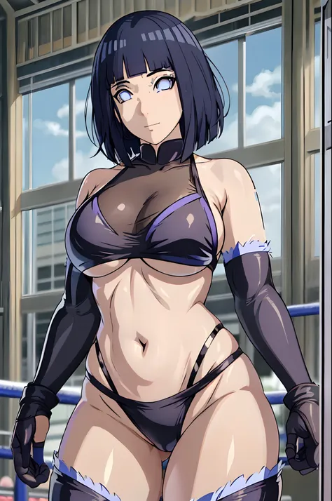 (4k, best quality, cowboy shot), (ultra detailed body, curvy), ((solo, 1 girl)), anime style, hires, ((wrestling stage, (children watching))), (hinata(boruto), (female wrestler), (slender body, broad shoulders), (mature woman, milf), (black bikini, micro b...