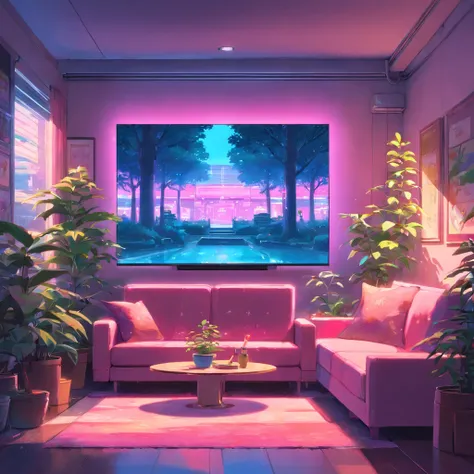 large cozy neon pink living room with big tv screen and tree plants