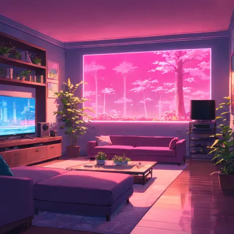 large cozy neon pink living room with big tv screen and tree plants