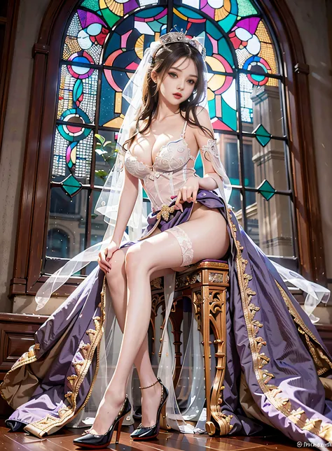 Arapefi, Purple princess dress， standing on your feet，Hands on the waist， wearing high heels，Look from the front，Close-up of multiple stained glass windows taken from the front, next to a window, sitting in a castle, Sense of transparency，（oversized boobs，...