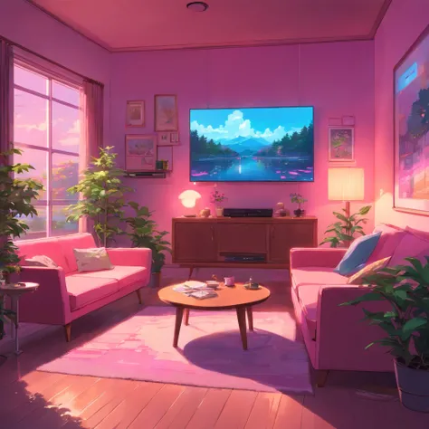 large cozy neon pink living room with big tv screen and tree plants