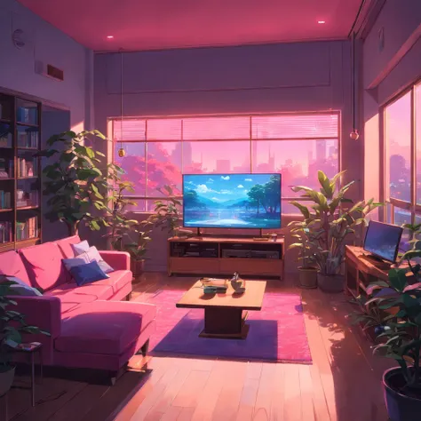 large cozy neon pink living room with big tv screen and tree plants