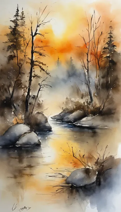 Landscape painting，ink and watercolor painting，water ink，inky，Smudge，Faraway view，Ultra-wide viewing angle，meticulous，Mare，vague，Yosakoi，suns，realisticlying，Beautifully depicted