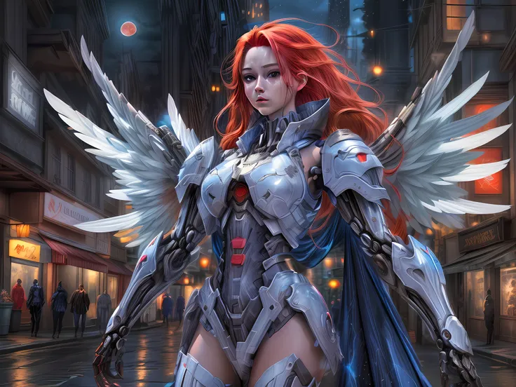 a picture of a female mecha angel walking in a fantasy urban street at night, full body, an exquisite beautiful (ultra detailed, Masterpiece, best quality) female mecha angel, dynamic angle (best detailed, Masterpiece, best quality), best detailed face, ul...