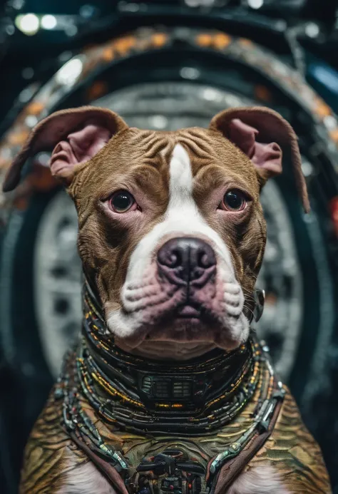 cinematic photo Embroidery of a smug, pit bull malvado, equiretangular 360, sinistro , arte por Michael Hutter . fotografia 35mm, Film, Bokeh, profissional, 4k, altamente detalhado