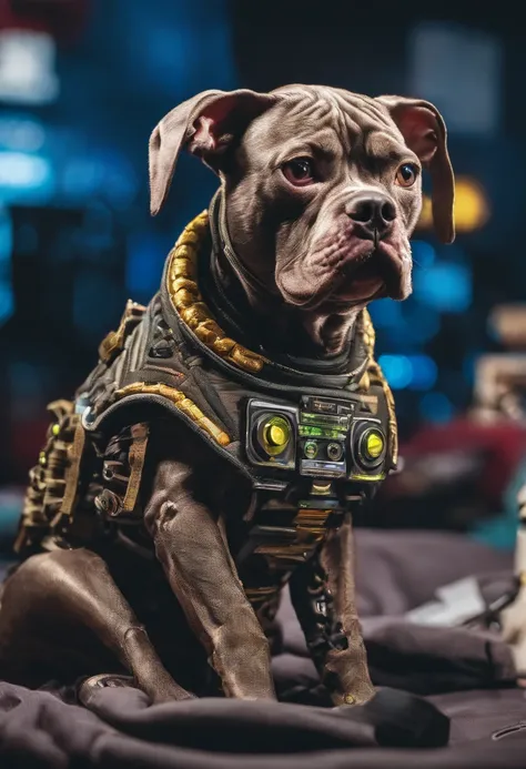 cinematic photo Embroidery of a smug, pit bull malvado, equiretangular 360, sinistro , arte por Michael Hutter . fotografia 35mm, Film, Bokeh, profissional, 4k, altamente detalhado