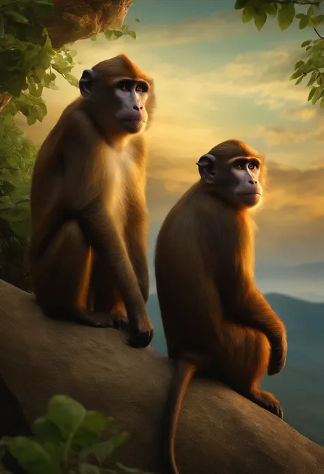 two animated monkeys looking at the sky in the hill