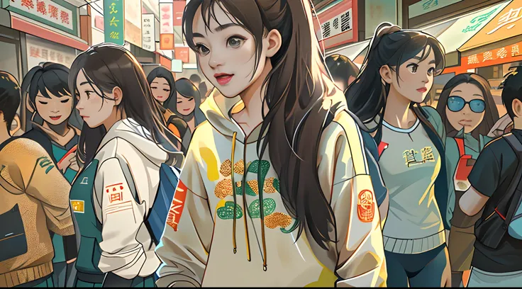 Lively and cute Asian young woman Yang Feiyue，Wear sportswear，Standing in the middle of the crowd at the snack street，Look around for something ,in the style of the stars art group xing xing, 32K, Best quality, Masterpiece, Super detail, High details