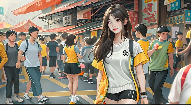 Lively and cute Asian young woman Yang Feiyue，Wear sportswear，Standing in the middle of the crowd at the snack street，Look around for something ,in the style of the stars art group xing xing, 32K, Best quality, Masterpiece, Super detail, High details