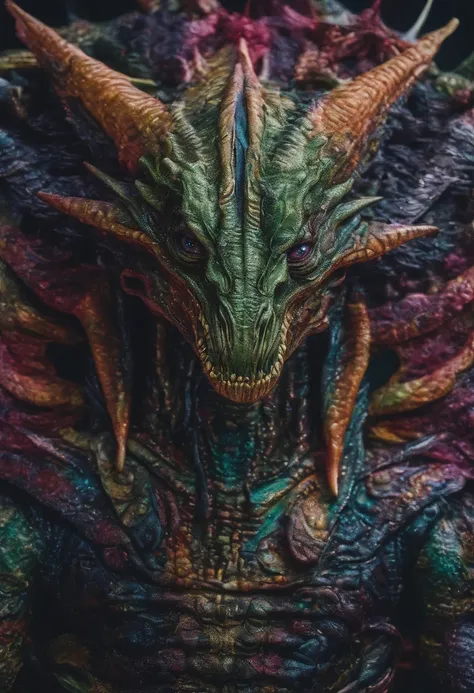 cinematic photo Embroidery of a smug, Evil Dragon, equiretangular 360, sinistro , arte por Michael Hutter . fotografia 35mm, Film, Bokeh, profissional, 4k, altamente detalhado