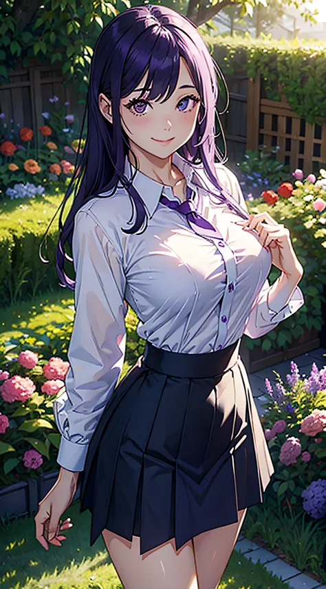 smile,expresive eye ,  shirt button open , show clear tits , skirt , garden , purple hair