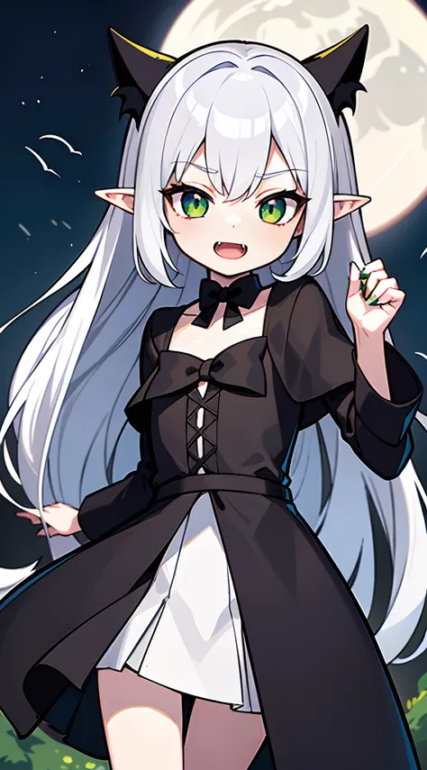 masterpiece,best quality,ultra detailed,8k,solo,petit girl,8 years old,flat chest,smaller female,silver hair,long hair,straight hair,green eyes,vampire,tuxedo,pale skin,pointy ears,black cloak,fangs,open mouth,bat (animal),moon,