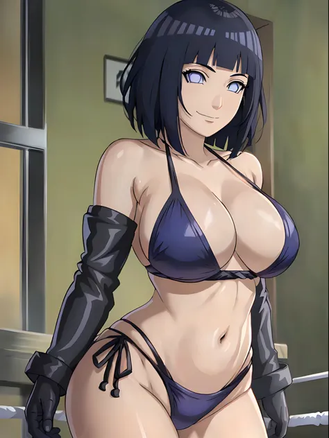 (4k, best quality, cowboy shot), (ultra detailed body, curvy), ((solo, 1 girl)), anime style, hires, ((white background)), (hinata(boruto), (female wrestler), (slender body, broad shoulders), (mature woman, milf), (black bikini, micro bikini, ultra detaile...