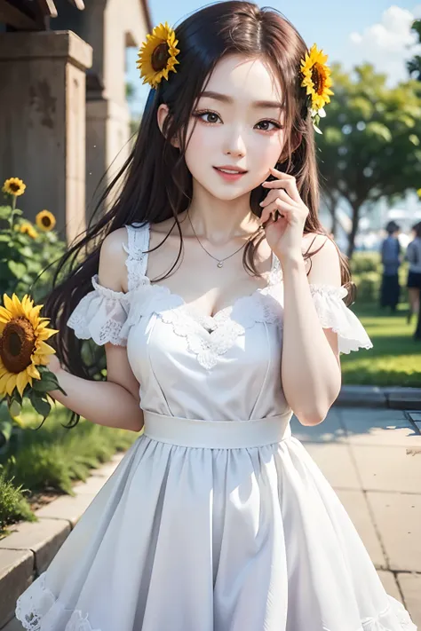 Maiden with sunflower，hiyao miyazaki，white dresses，1080P，having fun