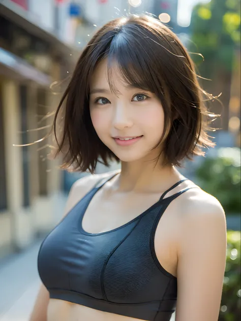 ((Best Quality, 8k, Masterpiece: 1.3)), Sharp Focus: 1.2, Perfect Body Shape: 1.4, Slender Abs: 1.2, (Layered Haircut, Big: 1.8), (Sports Bra: 2.0), (Jogging: 1.8), (Street: 1.2), Highly Detailed Face and Skin Texture, Detailed Eyes, Double Eyelids, Smile,...