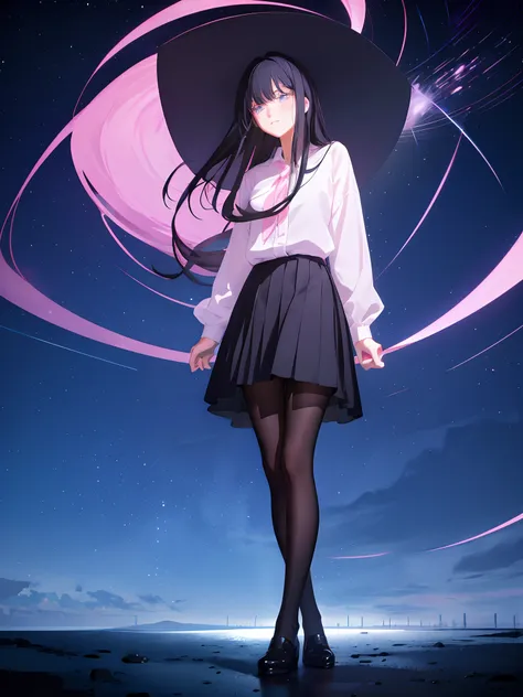 (1 girl), (black hair, pink fringes, long straight hair), ultra detailed blue starry eyes, blush, casual outfit, long skirt, (exposed legs), black glossy pantyhose, medium breasts, close-up