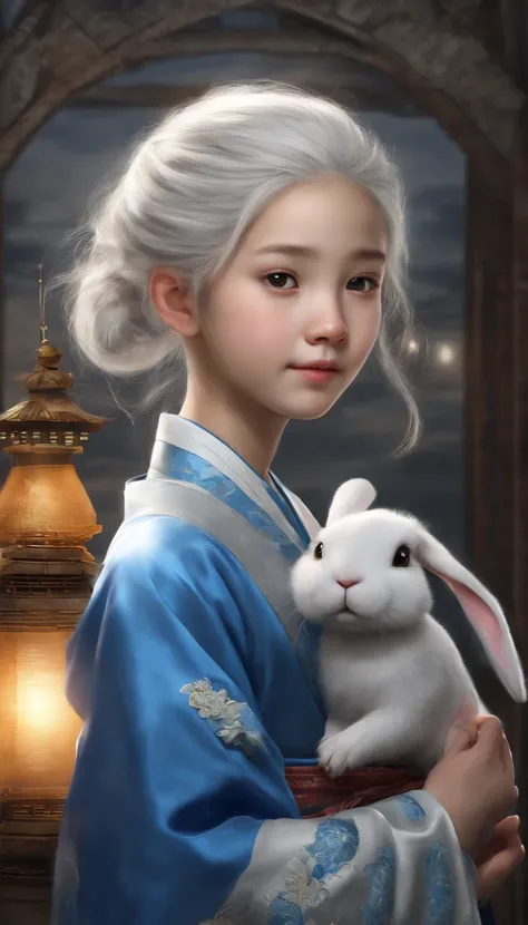 cute female child,1girll,White hair,Blue Hanfu,Rabbit,Moon cake,lantern,