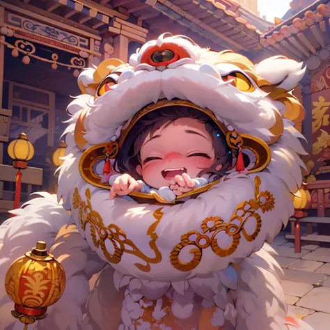 q version，cartoony，ultra photo realsisim，hyper-detailing，china-style，lion dance baby girl，q version，cartoony，highly detailed sur...