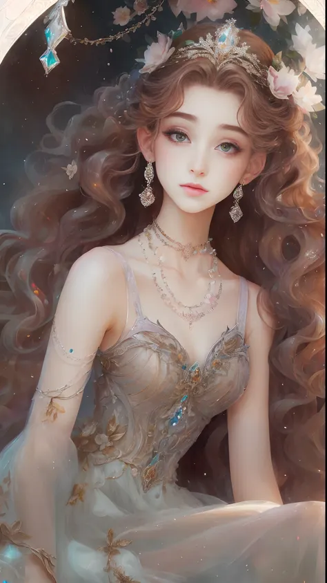 (Best quality, 4K, 8K, A high resolution, Masterpiece:1.2), Ultra-detailed, Realistic portrait of an 18 year old aristocratic girl, Exquisite facial features，Long brown curly hair details expressed, The posture is leisurely and natural，Graceful posture, Dr...