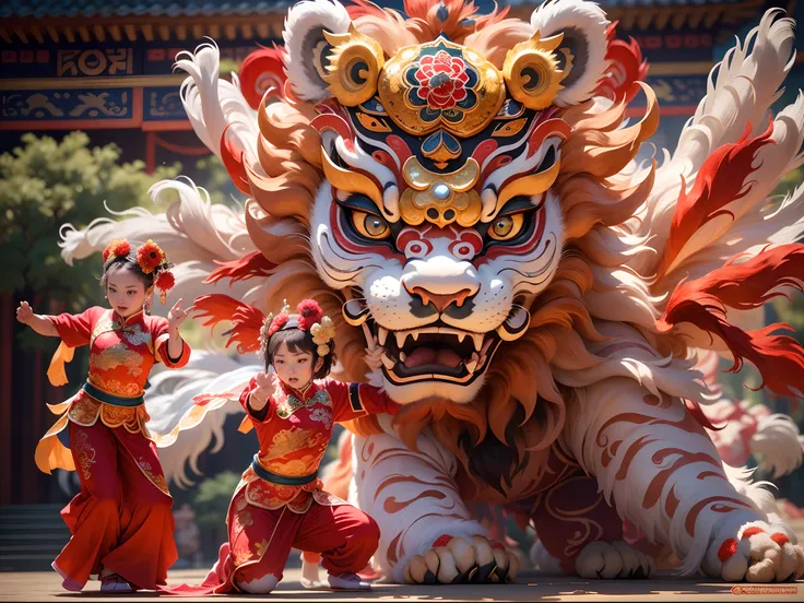 the spectacular chinese lion dance performance takes place on the temple fair square, portrayed by two courageous young performe...