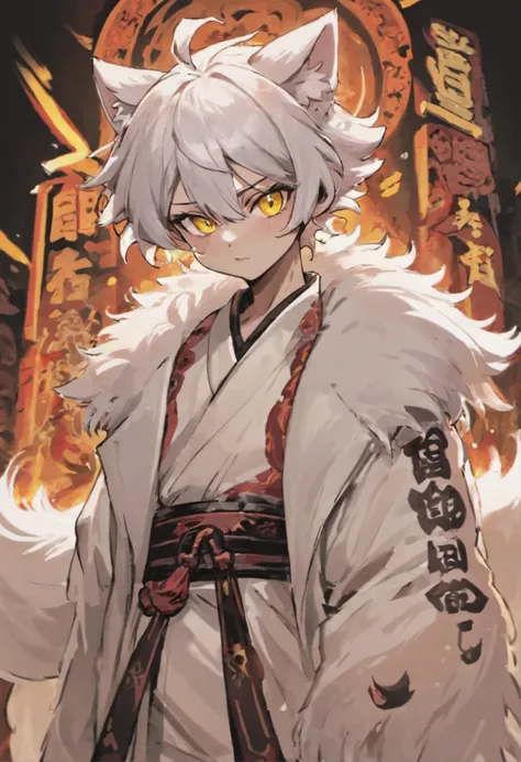 a cool，badness，20代の男性，With manly silver hair，Dog ears grow from the head，Tun-tsun hair，Wolfcut，dishevled hair，White attire，Decorative collar，tusk，yellow  eyes，sharp big eyes，Rampaging figure，battleing，Dog tail，furred，nails are long，Muscular masterpieces、Di...