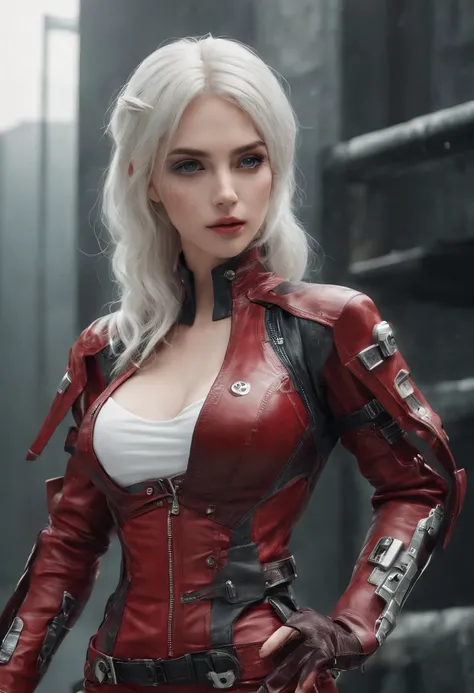 Cirilla Fiona Elen Riannon，Highest image quality，Outstanding details，超高分辨率，（Fidelity：1.4），The best illustration，Favor the details，closeup cleavage，A mech girl，He has a delicate and beautiful face，（（Red and white semi-mechanical body：1.8）），Raised sexy，cleav...